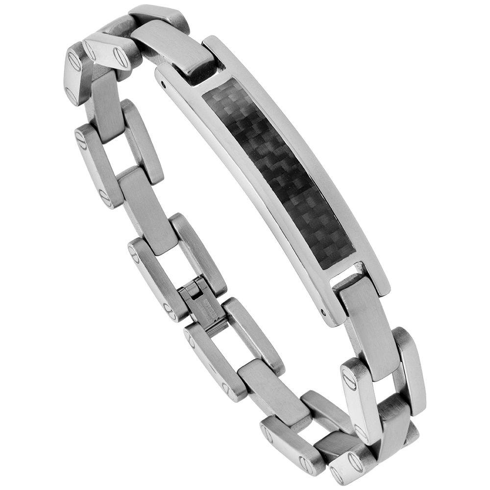 Stainless Steel ID Bracelet For Men Rounded Edge Links Carbon Fiber Accent, 3/8 inch wide, 8 1/2 inch long