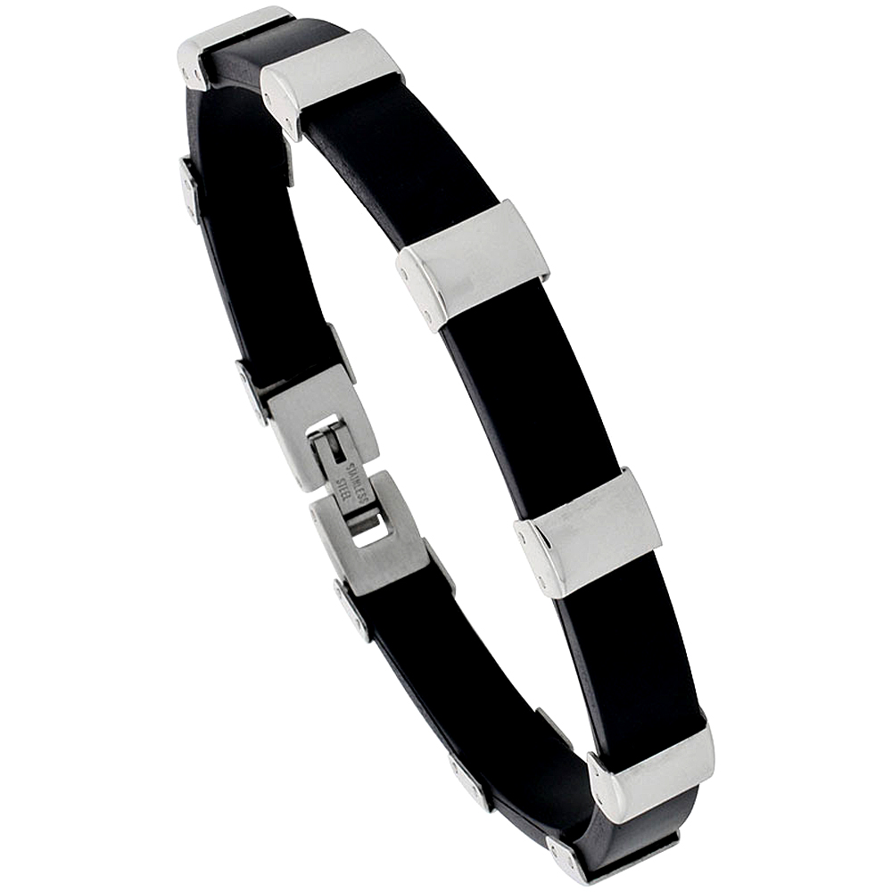 Stainless Steel Bracelet For Men Black Rubber Accent, 8 inch