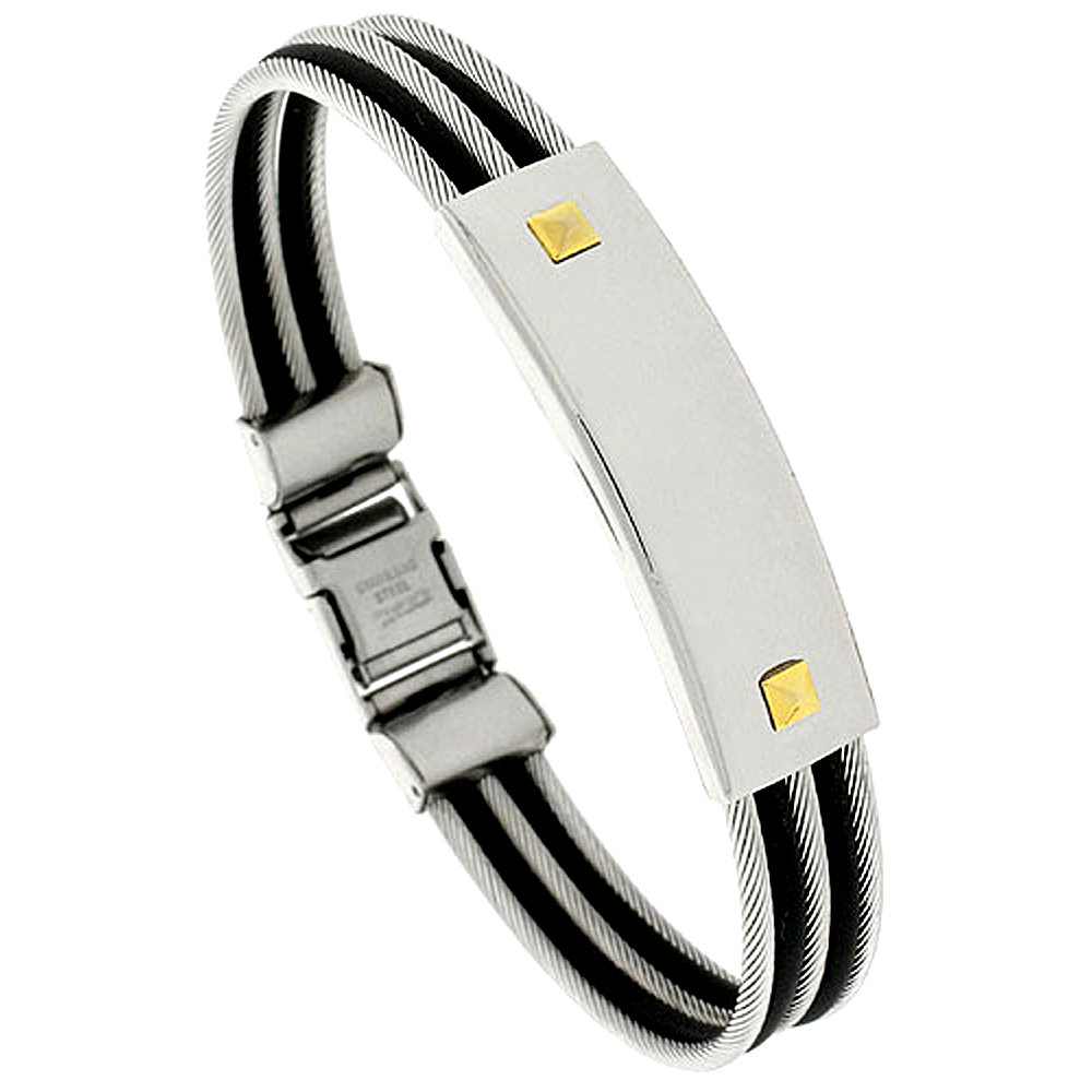 Stainless Steel Cable ID Bangle Bracelet For Men Black Rubber Accent 1/2 inch wide, 8 1/2 inch long
