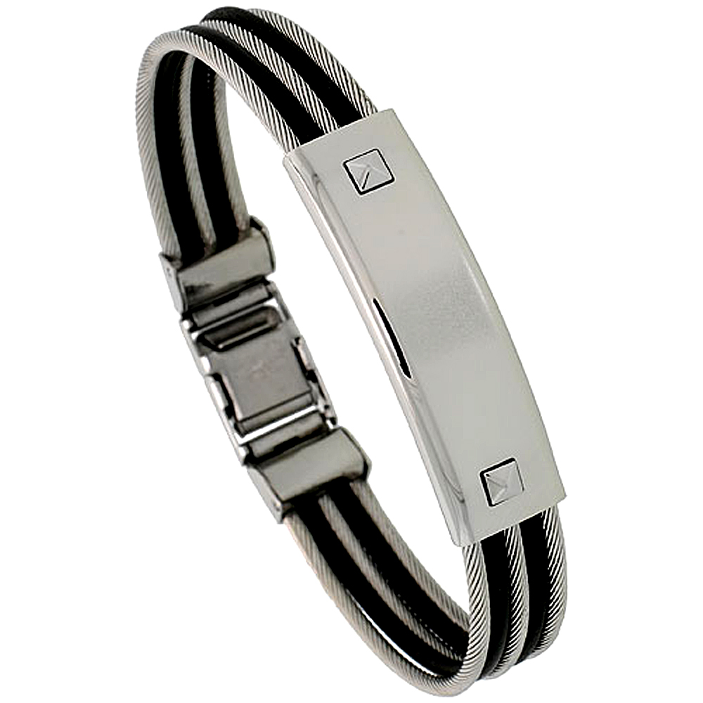 Stainless Steel Cable ID Bangle Bracelet For Men Black Rubber Accent 1/2 inch wide, 8 1/2 inch long
