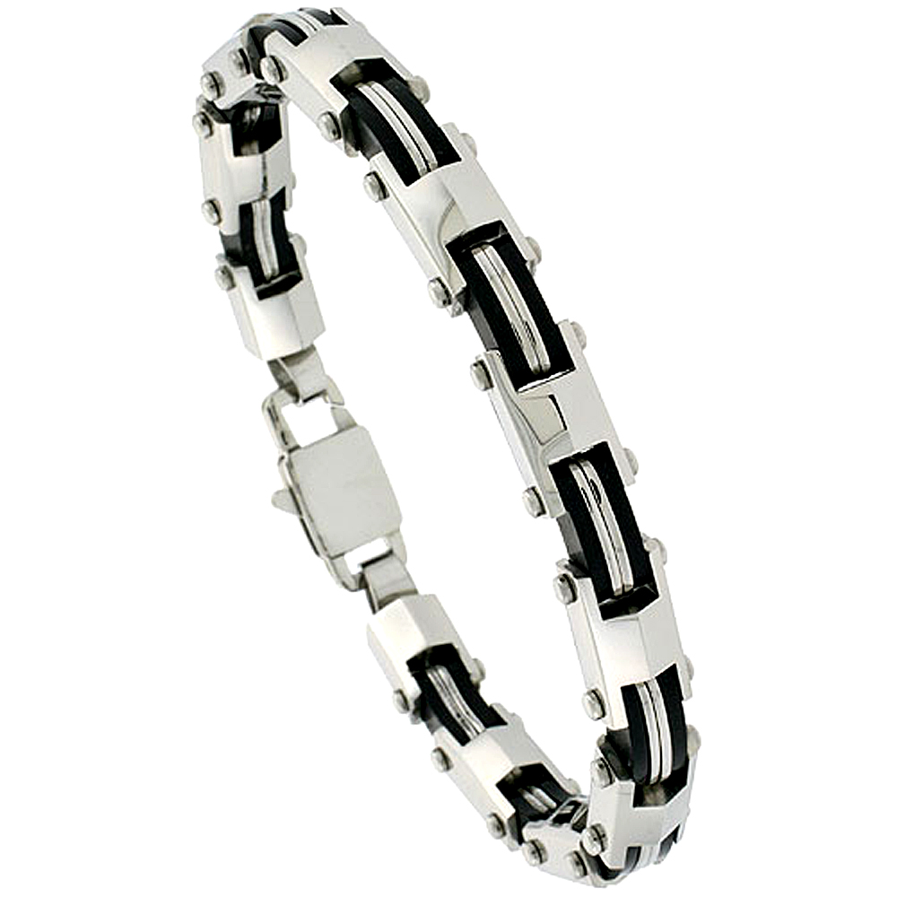Stainless Steel Bracelet For Men Black Rubber Accent For Men, 3/8 inch wide, 9 inch long