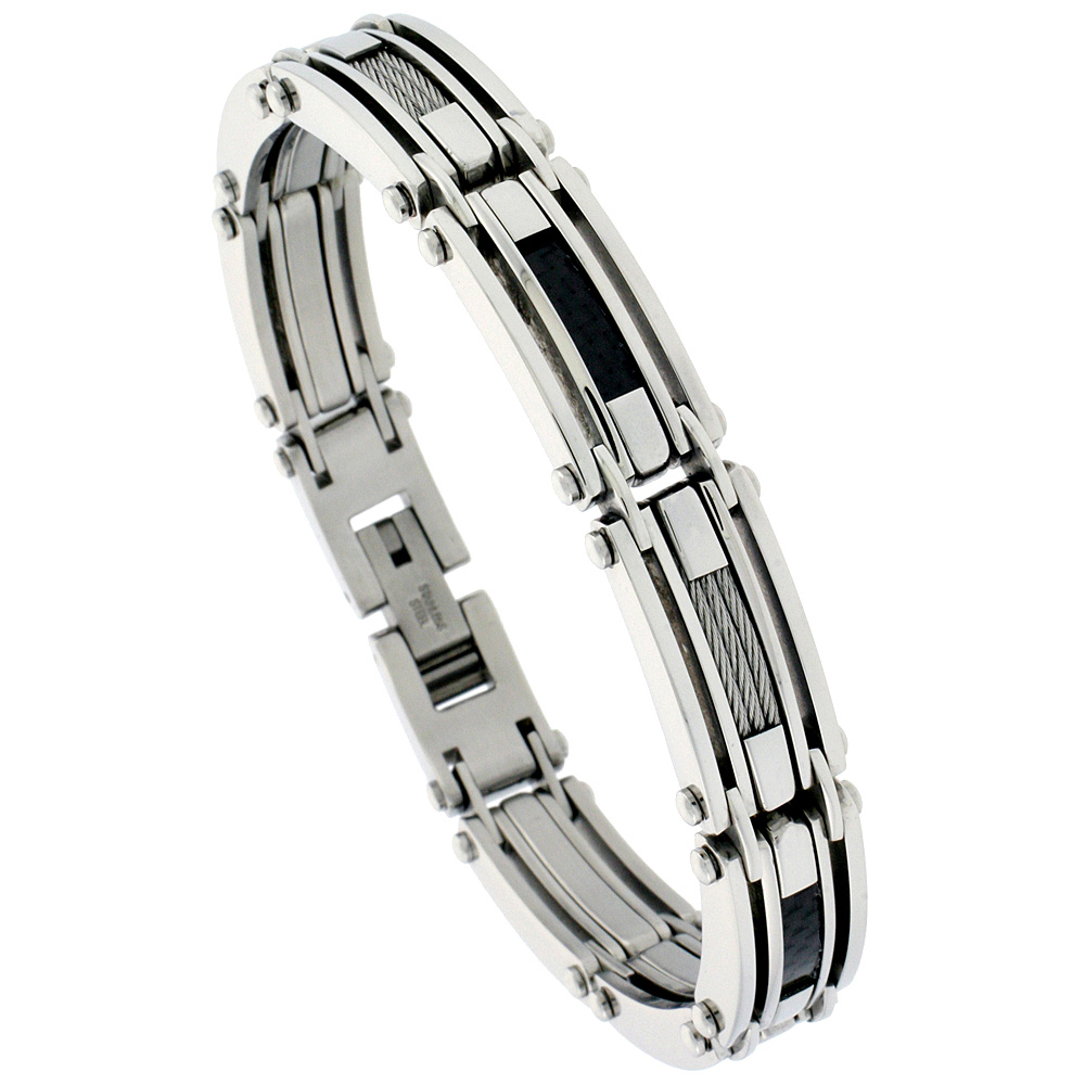 Gent's Stainless Steel Cable & Black Carbon Fiber Bracelet, 1/2 inch wide, 8 1/2 inch long