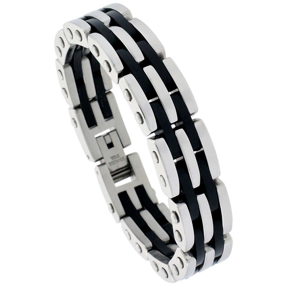 Stainless Steel Bracelet For Men with Black Rubber Heavy Bar Links, 5/8 inch wide, 8 1/2 inch long