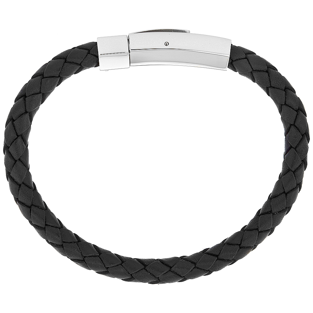 Black Braided Leather Bracelet For Men &amp; Women Stainless Steel Clasp 5/16 inch wide, sizes 6.5 - 8 inch