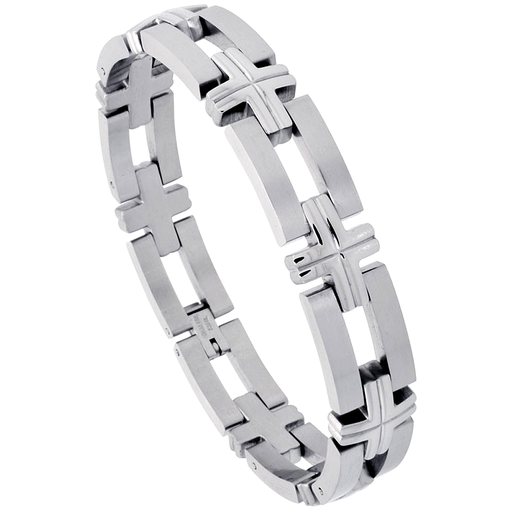 Stainless Steel Bracelet For Men, w/ Bars & Crosses 1/2 inch wide, 8 inch long