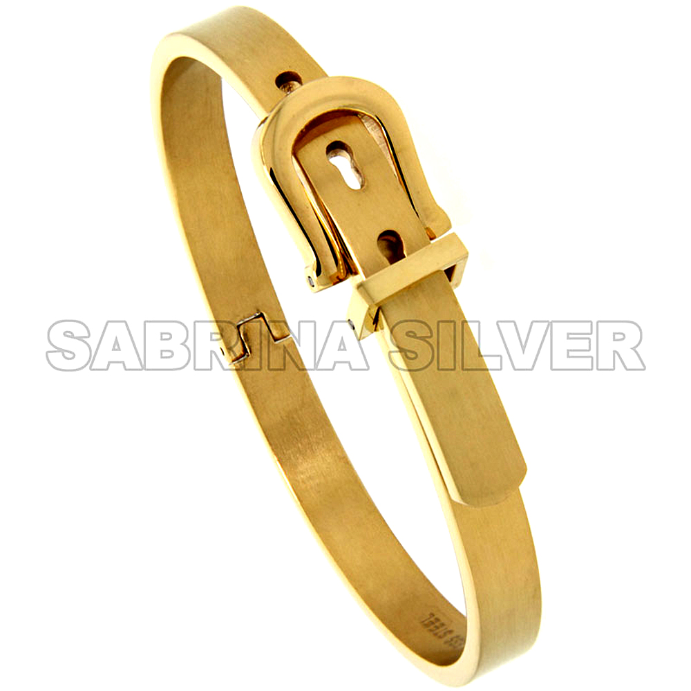 Stainless Steel Belt Buckle Bangle Bracelet for Women Gold Tone 7/16 inch wide, 7 inch