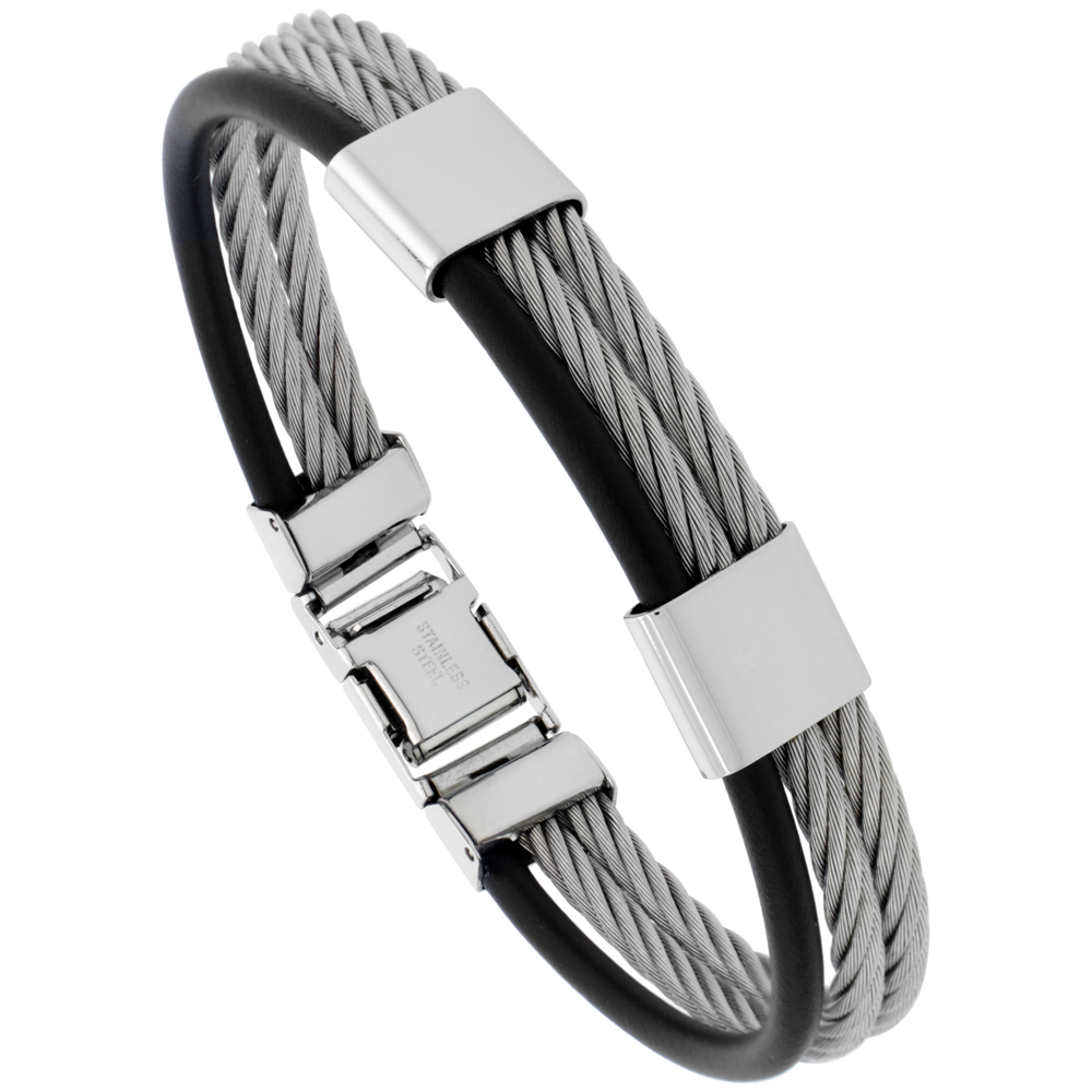 Stainless Steel Cable Bracelet For Men Black Rubber Accent, 8 inch long