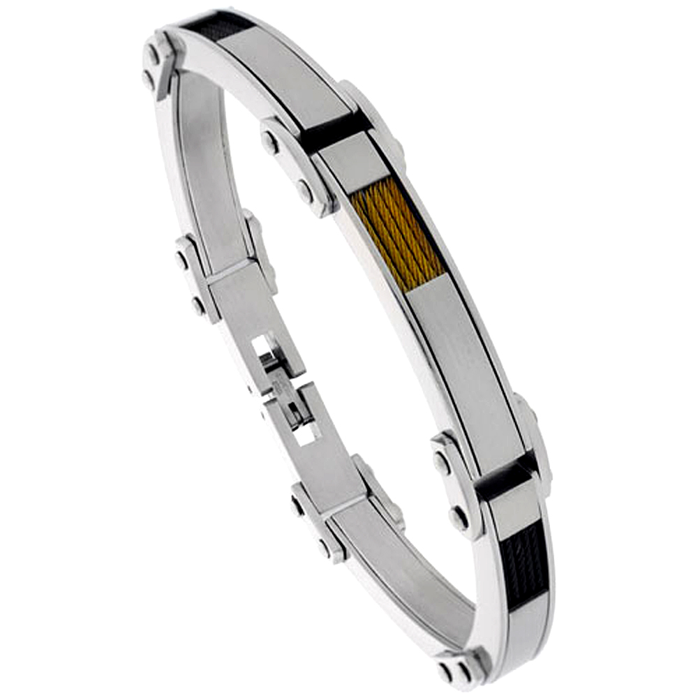 Stainless Steel Cable Bracelet For Men Two-tone Black & Gold Finish, 8 1/2 inch