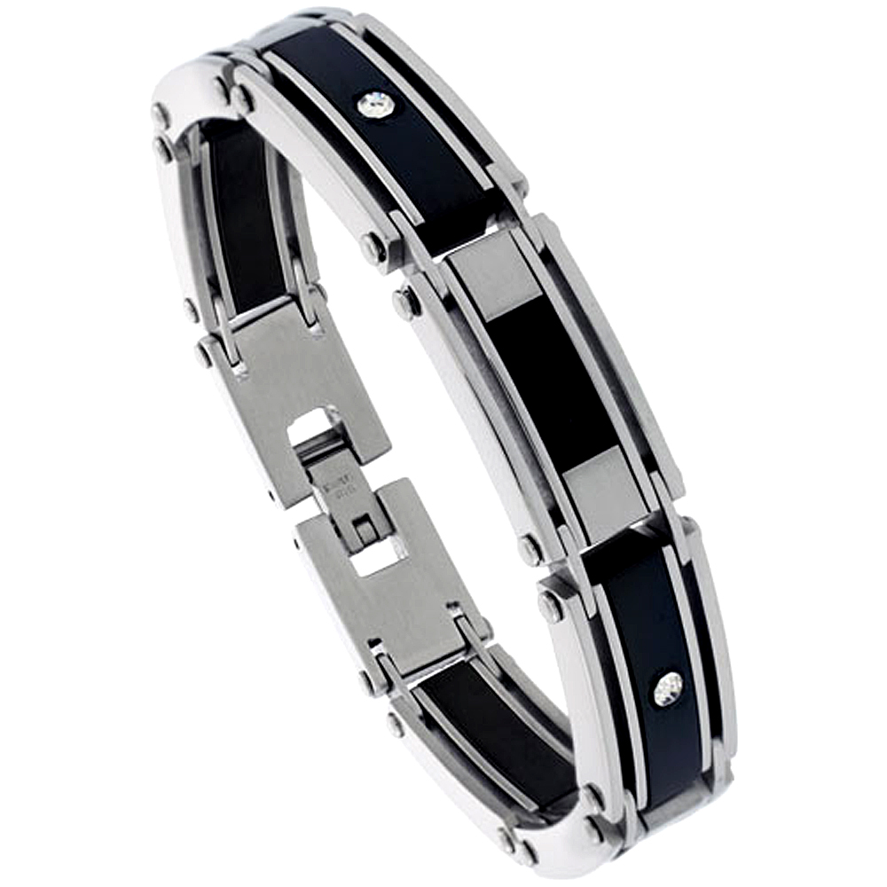 Stainless Steel Cable Bracelet For Men Black Finish Crystals Accent, 8 1/2 inch