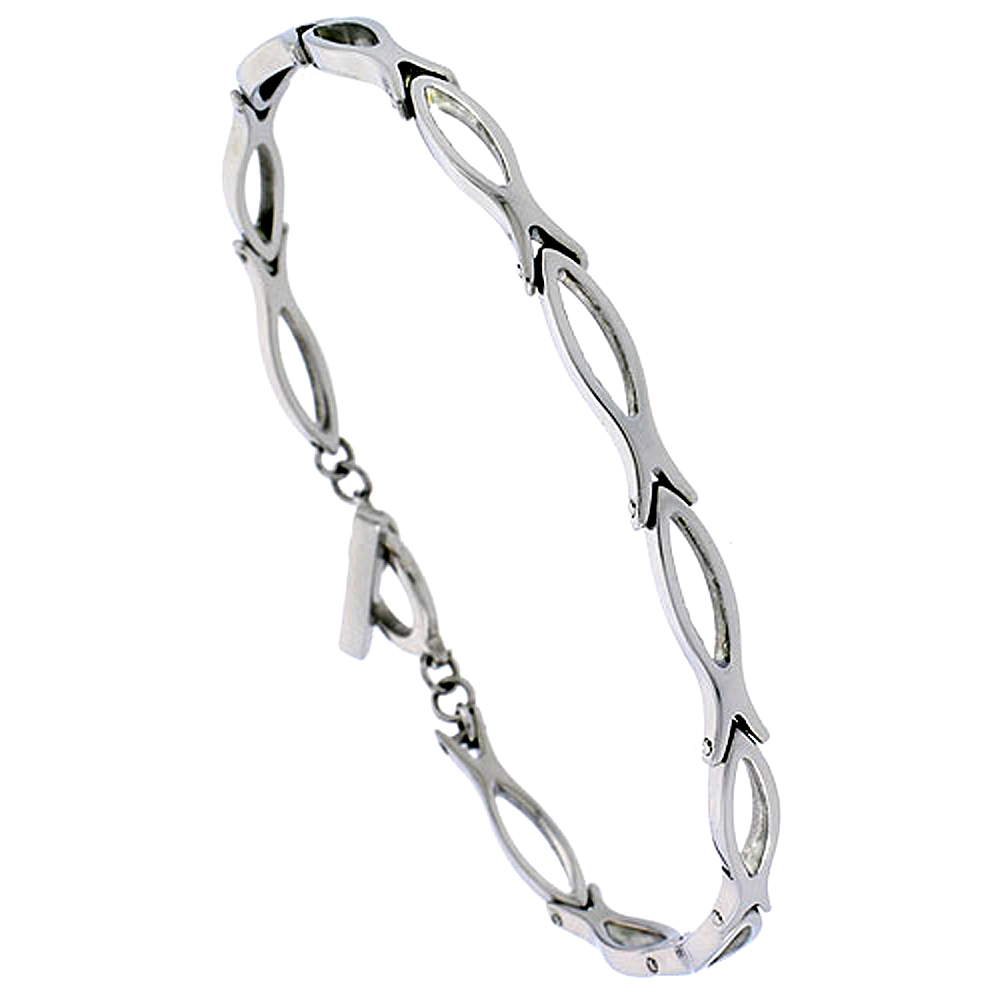 Stainless Steel Christian Fish Ichthys Bracelet for Women with Toggle Clasp 3/16 inch wide, Sizes 8 - 9