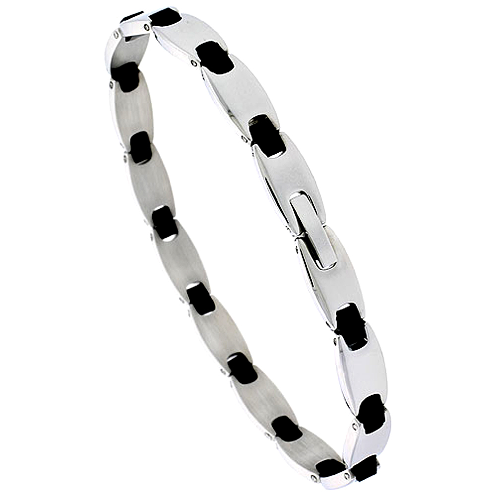 Stainless Steel Bracelet For Men Black Rubber Accent, 8 inch long