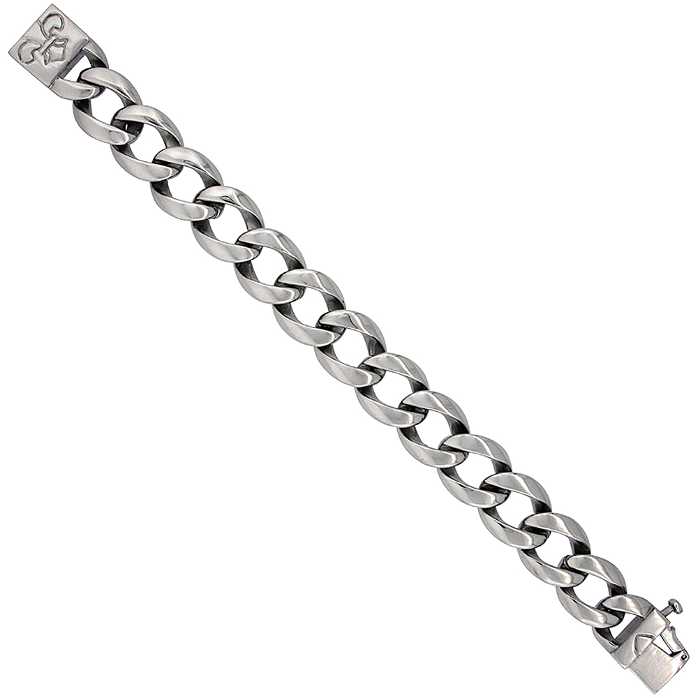Stainless Steel Open Cuban Link Bracelet For Men Fleur de Lis Clasp Hefty Hand Made High polish 5/8 inch wide, 8 and 9 inches