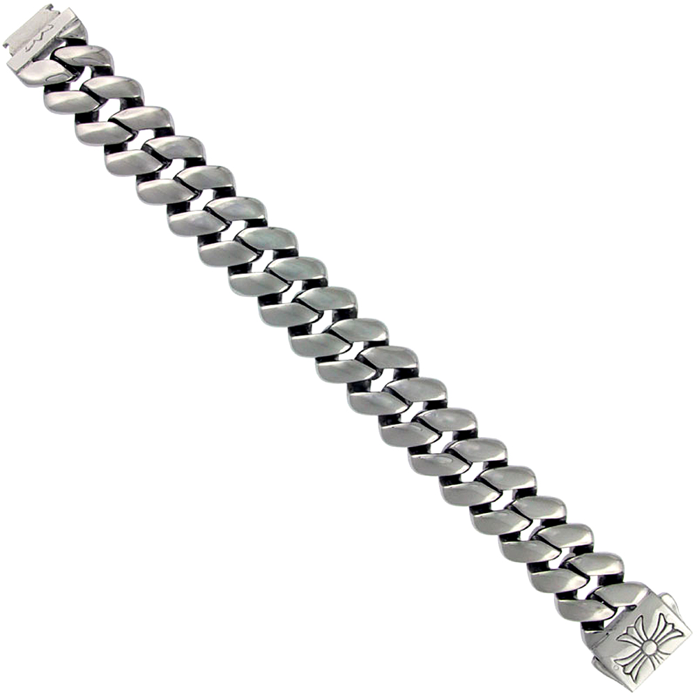 Stainless Steel Square Cuban Curb Link Bracelet For Men Maltese Cross Clasp Hefty Hand Made High polish 3/4 inch wide, size 8.5 