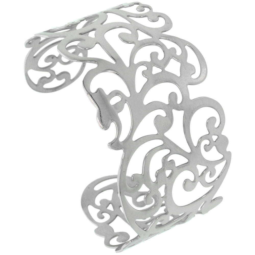 Stainless Wide Steel Cuff Bracelet for Women Floral Vine Cut-out pattern 1 1/2 inch wide, size 7.5 inch