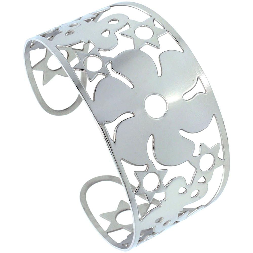 Stainless Wide Steel Cuff Bracelet for Women Butterflies Flowers Stars 1 3/4 inch wide, size 7.5 inch