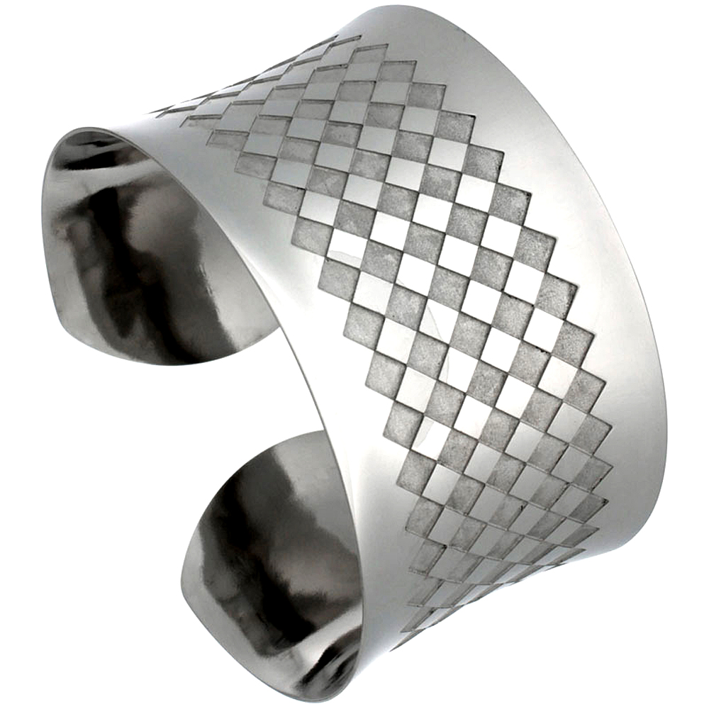 Stainless Wide Steel Cuff Bracelet for Women Etched Checkerboard Pattern 1 1/2 inch wide, size 7.5 inch