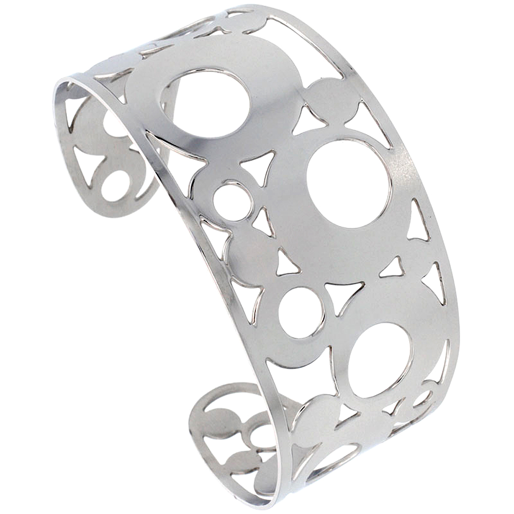 Stainless Wide Steel Cuff Bracelet for Women Bubble Pattern Cut-out 1 3/4 inch wide, size 7.5 inch