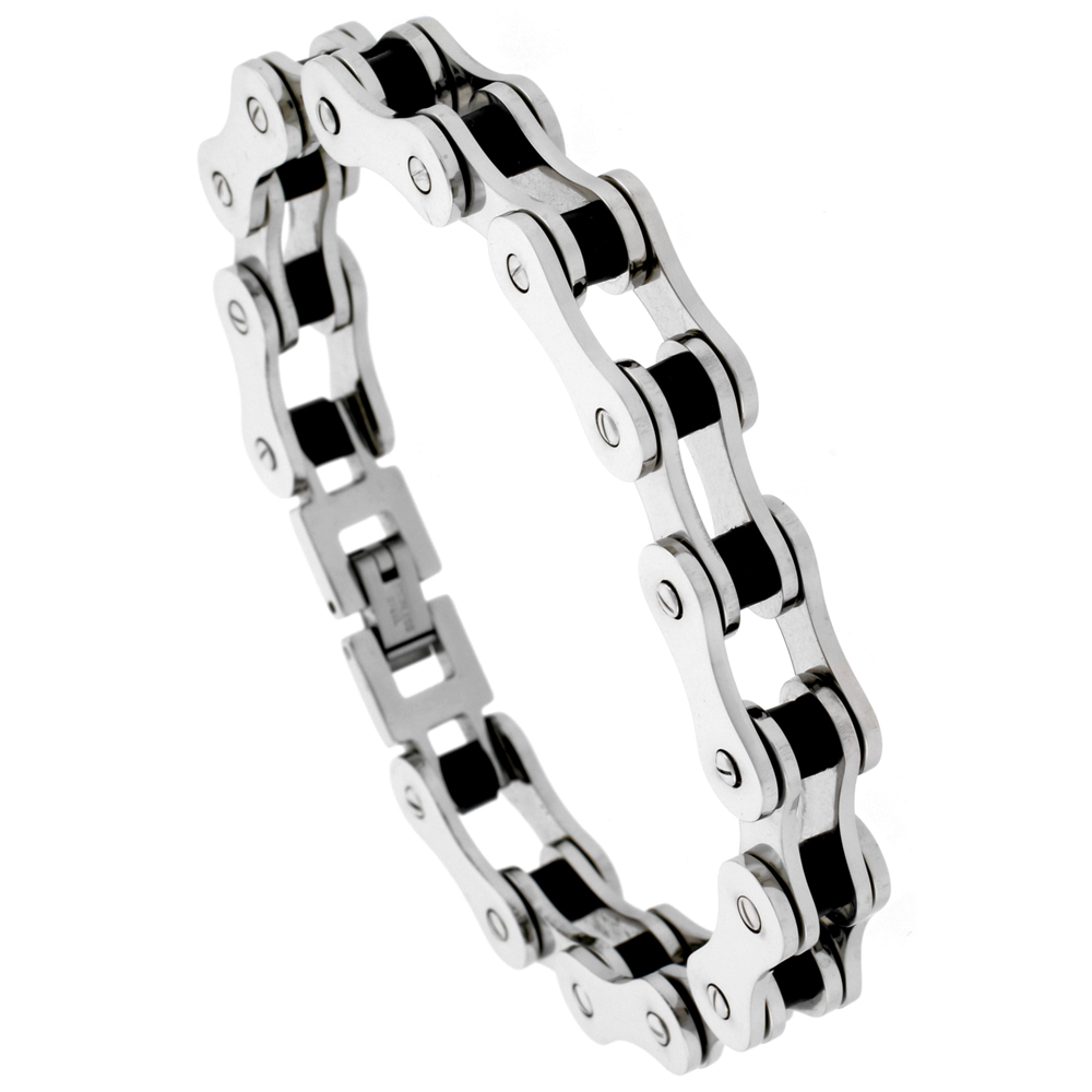 Stainless Steel Bicycle Chain Bracelet For Men Black Rubber Accent 1/2 inch wide,