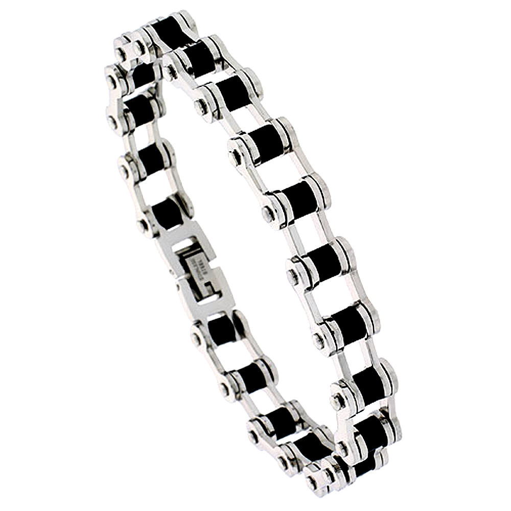 Stainless Steel Bicycle Chain Bracelet For Men Black Rubber Accent 1/2 inch wide, 8 inch long