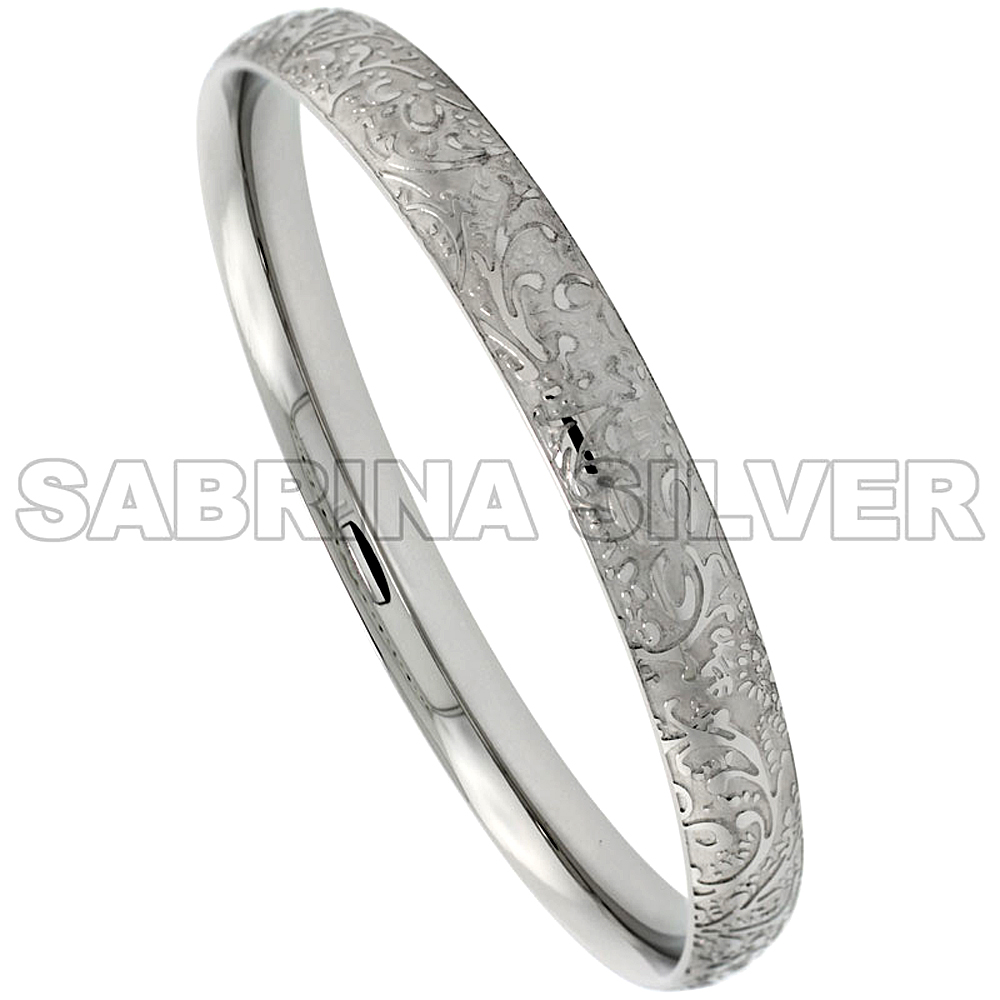 Stainless Steel Slip-on Bangle Bracelet for Women Laser Etched Floral Pattern 5 1/6 inch wide, size 7.5 inch