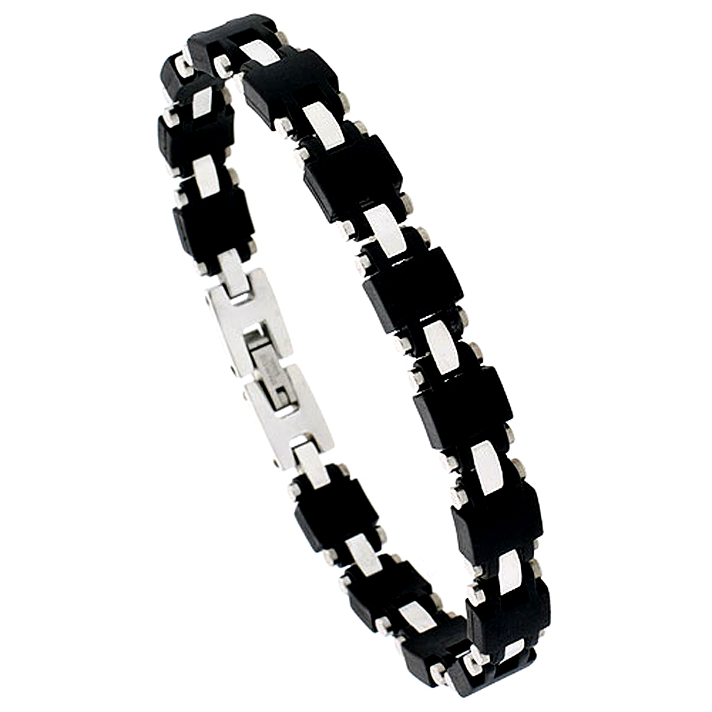 Stainless Steel Link Bracelet For Men Black Rubber Accent 5/16 inch wide, 8 inch long