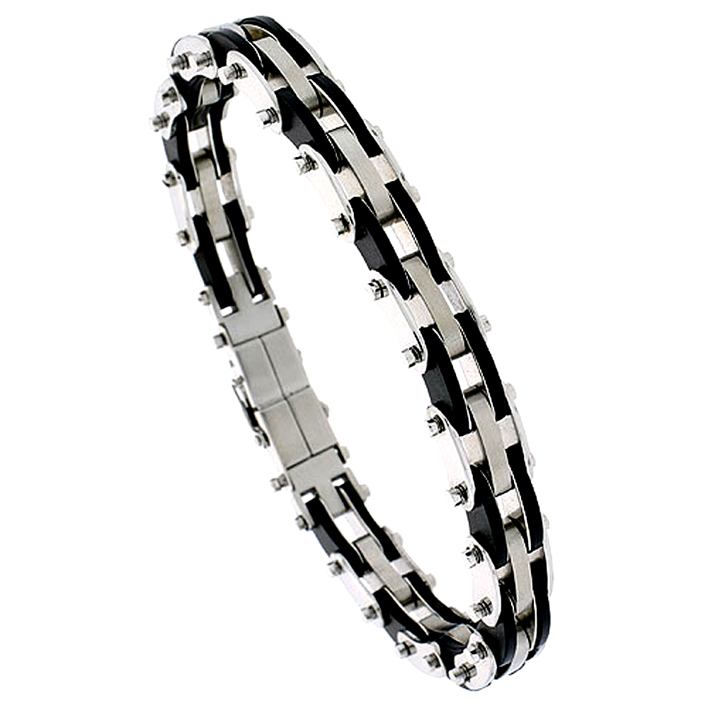 Stainless Steel Bracelet For Men Black Rubber Accent 1/2 inch wide, 8 inch long