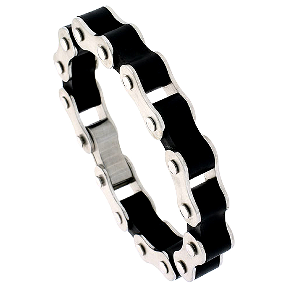 Stainless Steel Bicycle Chain Bracelet For Men Black Rubber Accent Thick 1/2 inch wide, 8 inch long