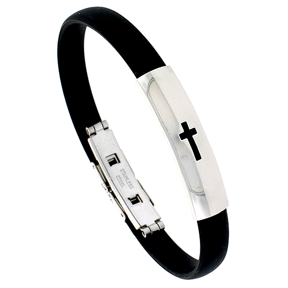 Stainless Steel Cut Out Cross Bangle Bracelet For Men Black Rubber Accent 3/8 inch wide, sizes 8 &amp; 8.5 inch