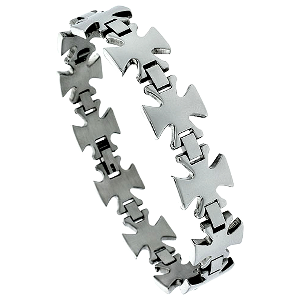 Stainless Steel Maltese Cross Bracelet For Men 5/8 inch wide, 8 1/2 inch
