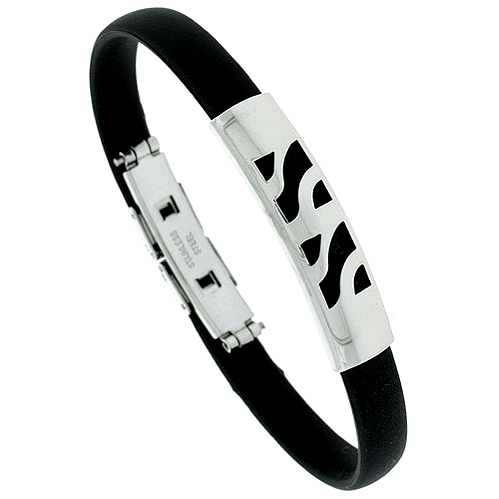 Stainless Steel Bracelet For Men Black Rubber Accent, 3/8 inch wide, 8 inch long