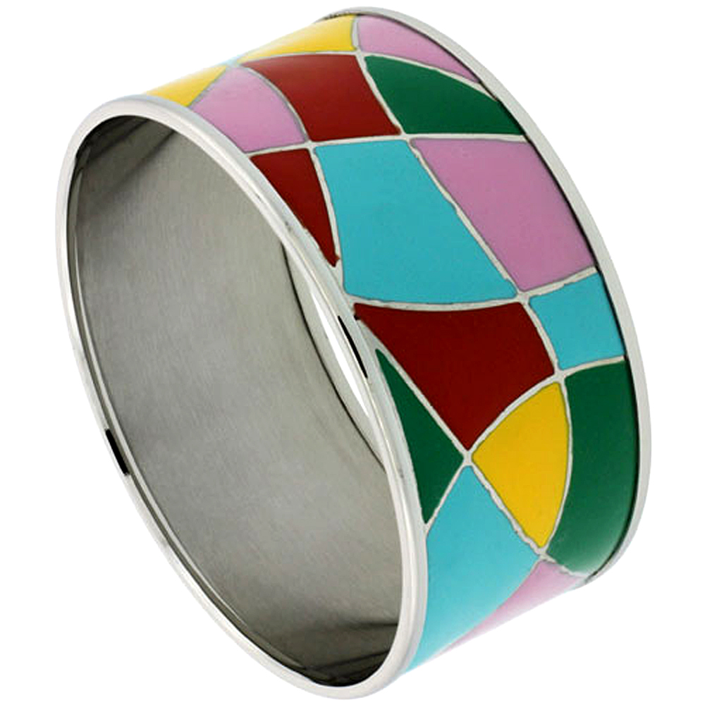 Stainless Steel Wide Bangle Bracelet for Women enameled Abstract Pattern, 1 3/16 inch wide