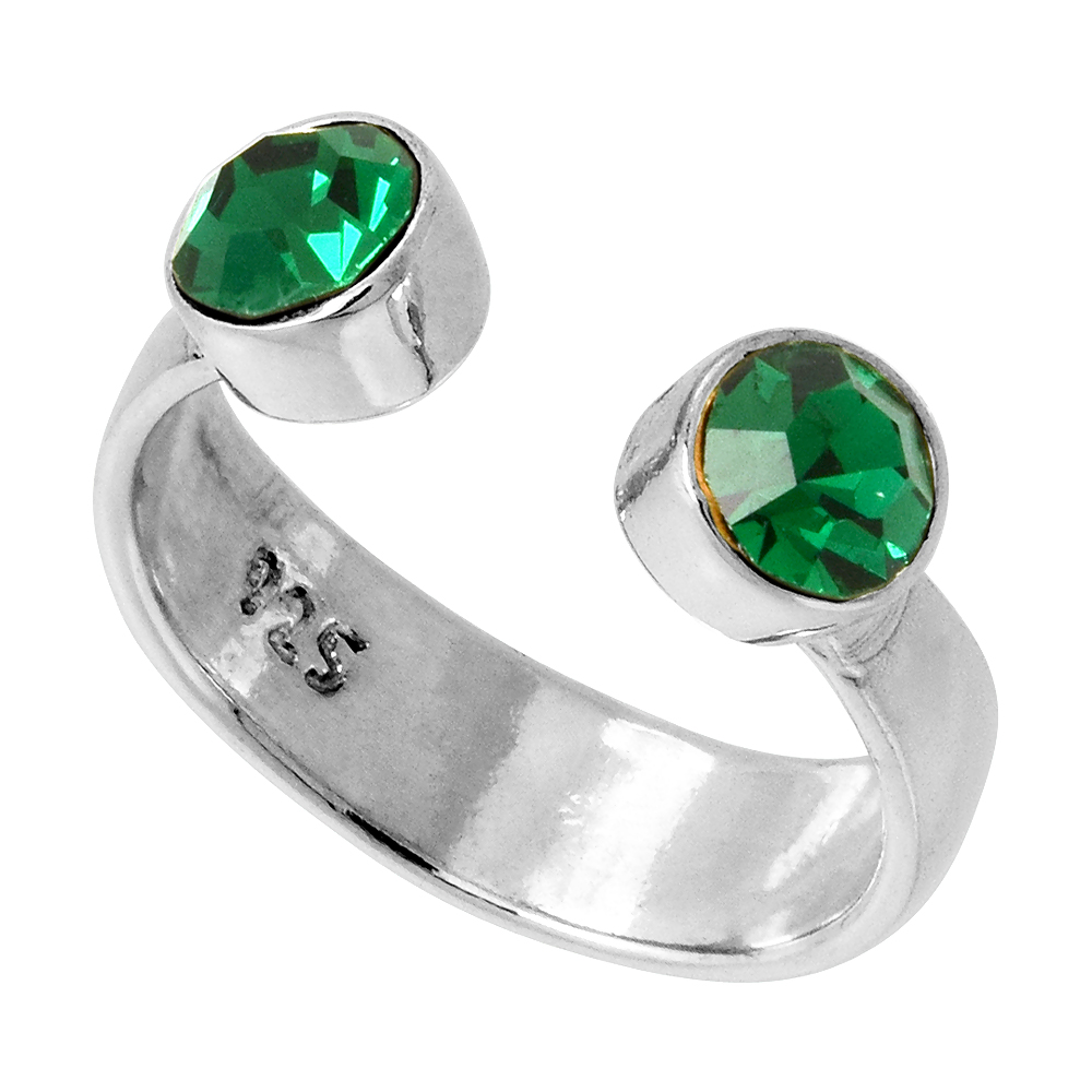 Emerald-colored Crystals (May Birthstone) Adjustable Toe Ring / Kid's Ring in Sterling Silver, sizes 2 to 4