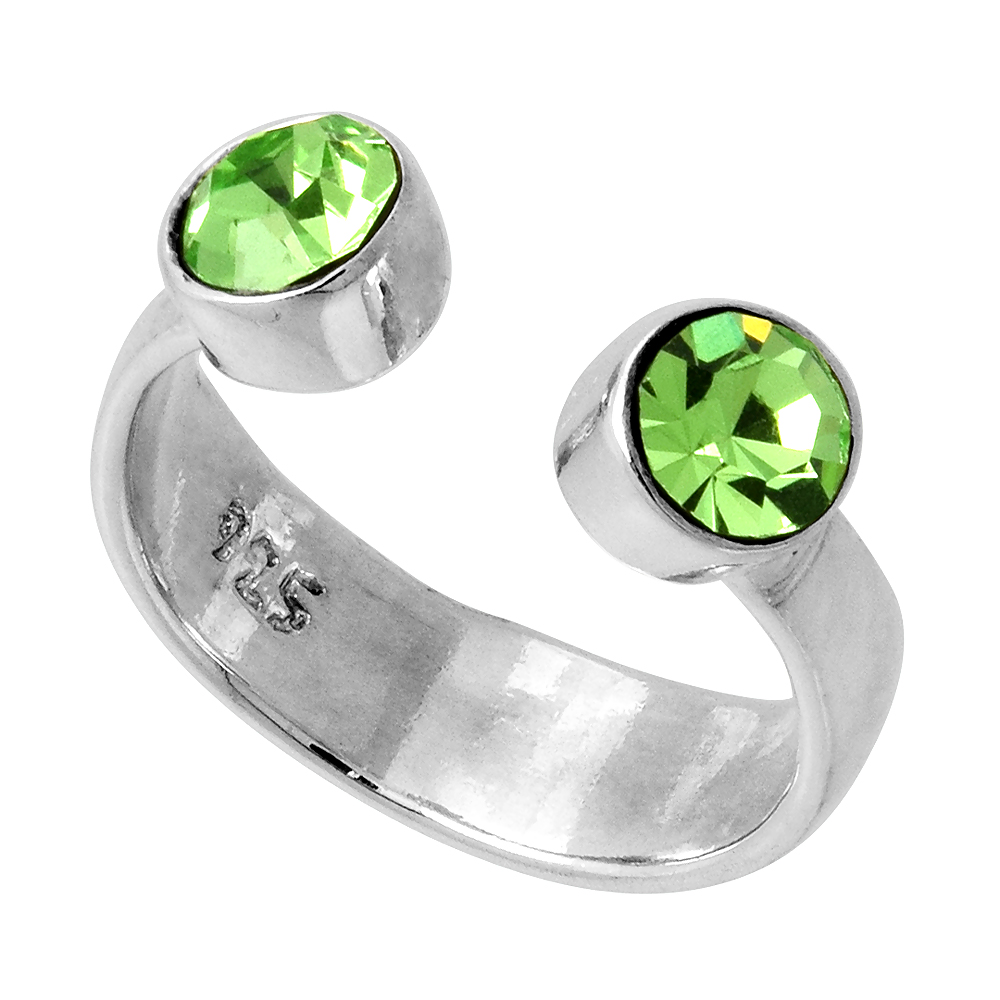 Peridot-colored Crystals (August Birthstone) Adjustable Toe Ring / Kid's Ring in Sterling Silver, sizes 2 to 4