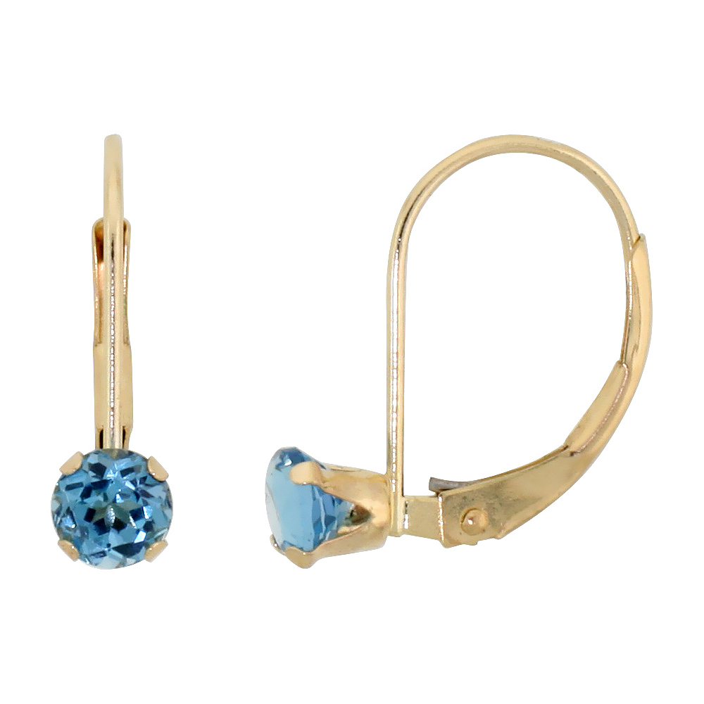 10k Yellow Gold Natural Blue Topaz Leverback Earrings 1/2 ct Brilliant Cut December Birthstone, 9/16 inch long