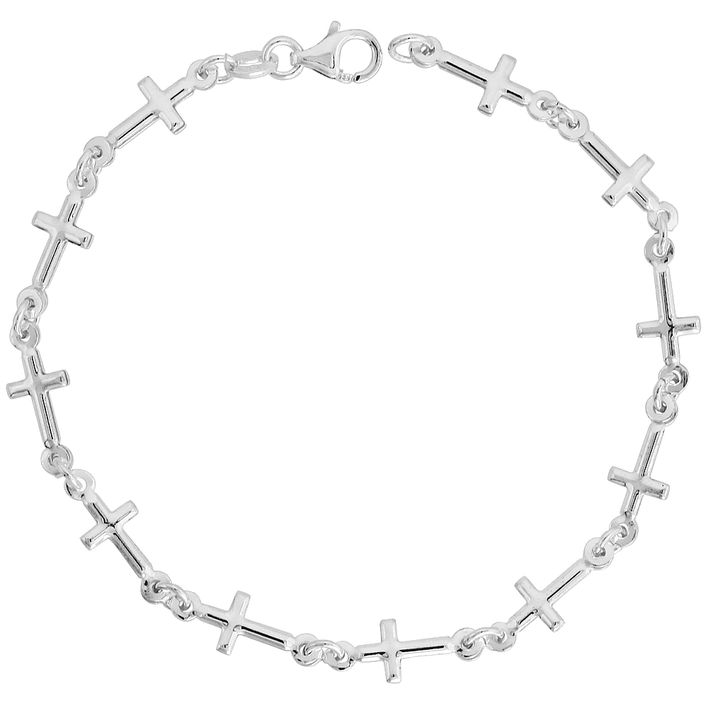 Sterling Silver Linked Cross Bracelet, 1/4" (6 mm) wide, 7 in.