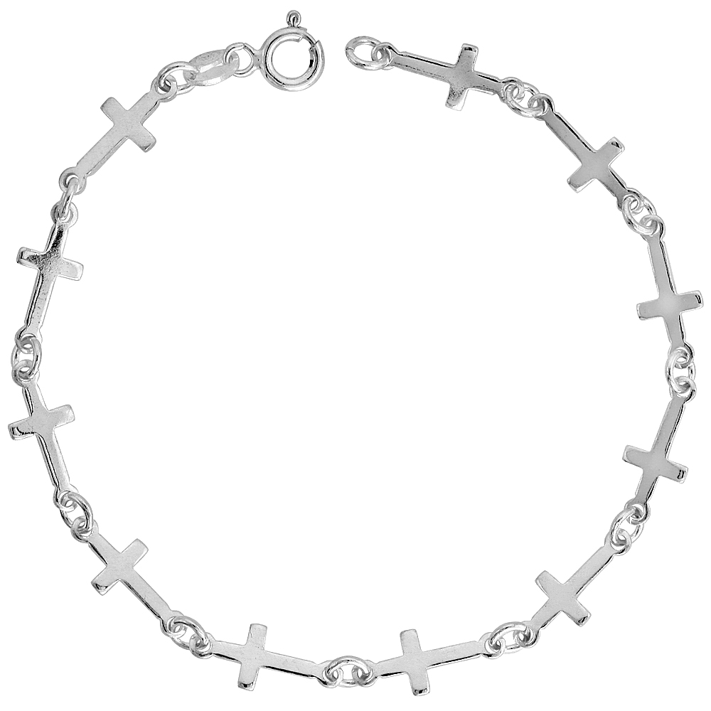 Sterling Silver Linked Plain Cross Bracelet, 1/4" (6 mm) wide, 7 in.