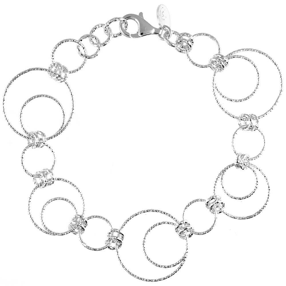 Sterling Silver Wire Dangling Circles Hanging Hoop Diamond Cut 7.5 in. Bracelet w/ White Gold Finish, 1 in. (25 mm) drop