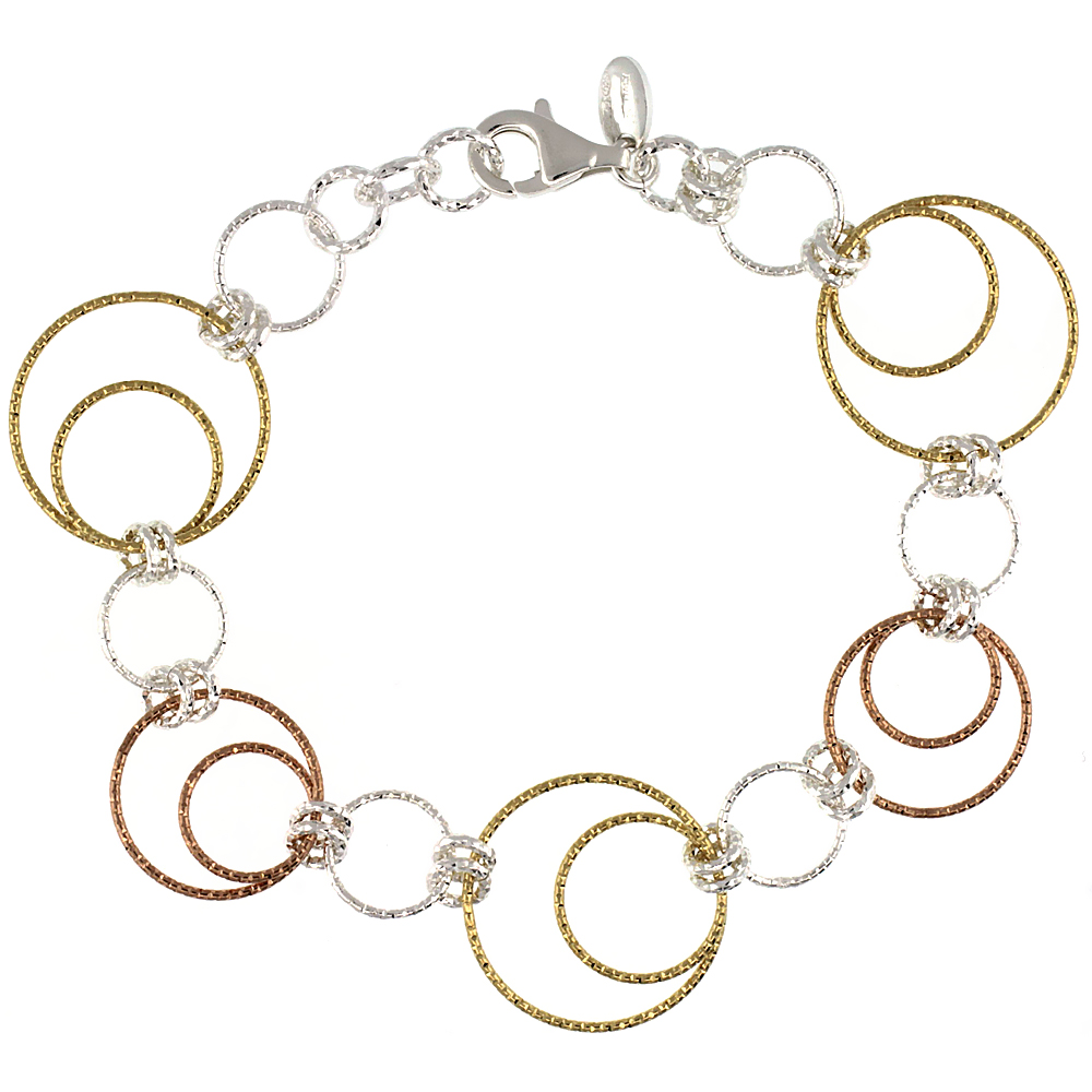 Sterling Silver Wire Dangling Circles Hanging Hoop Diamond Cut 7.5 in. Bracelet w/ White, Yellow & Rose Gold Finish, 1 in. (25 m