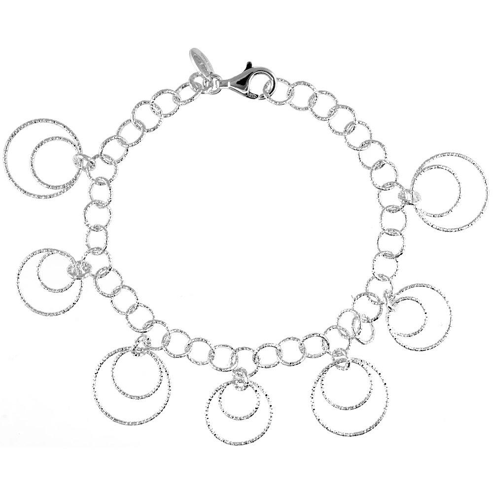 Sterling Silver Wire Hoop Circles Diamond Cut 8 in. Bracelet w/ White Gold Finish, 7/8 in. (22 mm) wide