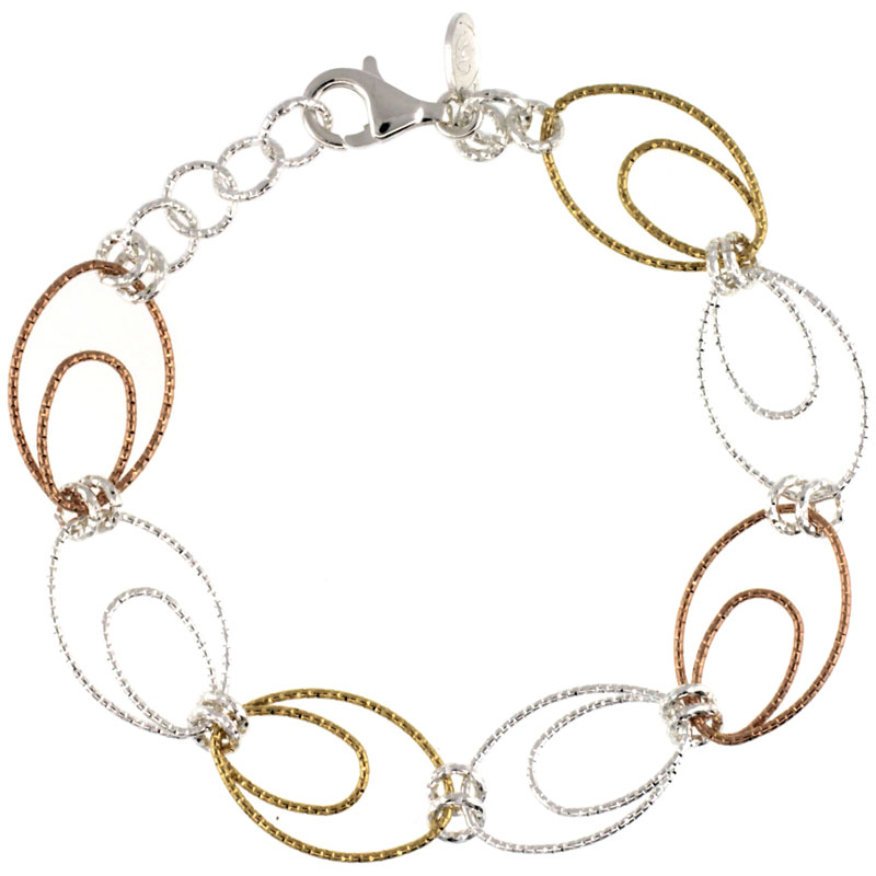 Sterling Silver Wire Oval Hoop Diamond Cut 7.5 in. Bracelet w/ White, Yellow &amp; Rose Gold Finish, 9/16 in. (14 mm) wide
