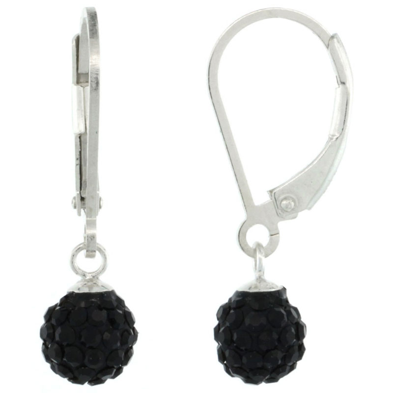 Sterling Silver 6mm Round Black Disco Crystal Ball Lever Back Earrings, 1 in. (25 mm) tall