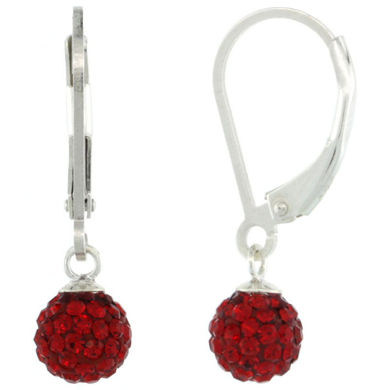 Sterling Silver 6mm Round Red Disco Crystal Ball Lever Back Earrings, 1 in. (25 mm) tall