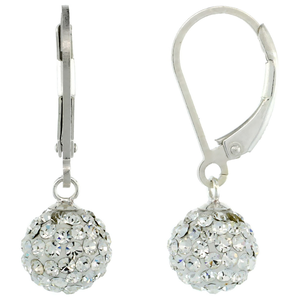 Sterling Silver 8mm Round White Disco Crystal Ball Lever Back Earrings, 1 in. (25 mm) tall