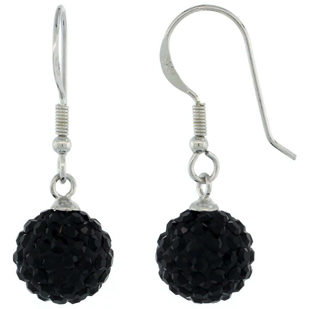 Sterling Silver 10mm Round Black Disco Crystal Ball Fish Hook Earrings, 1 1/4 in. (31 mm) tall
