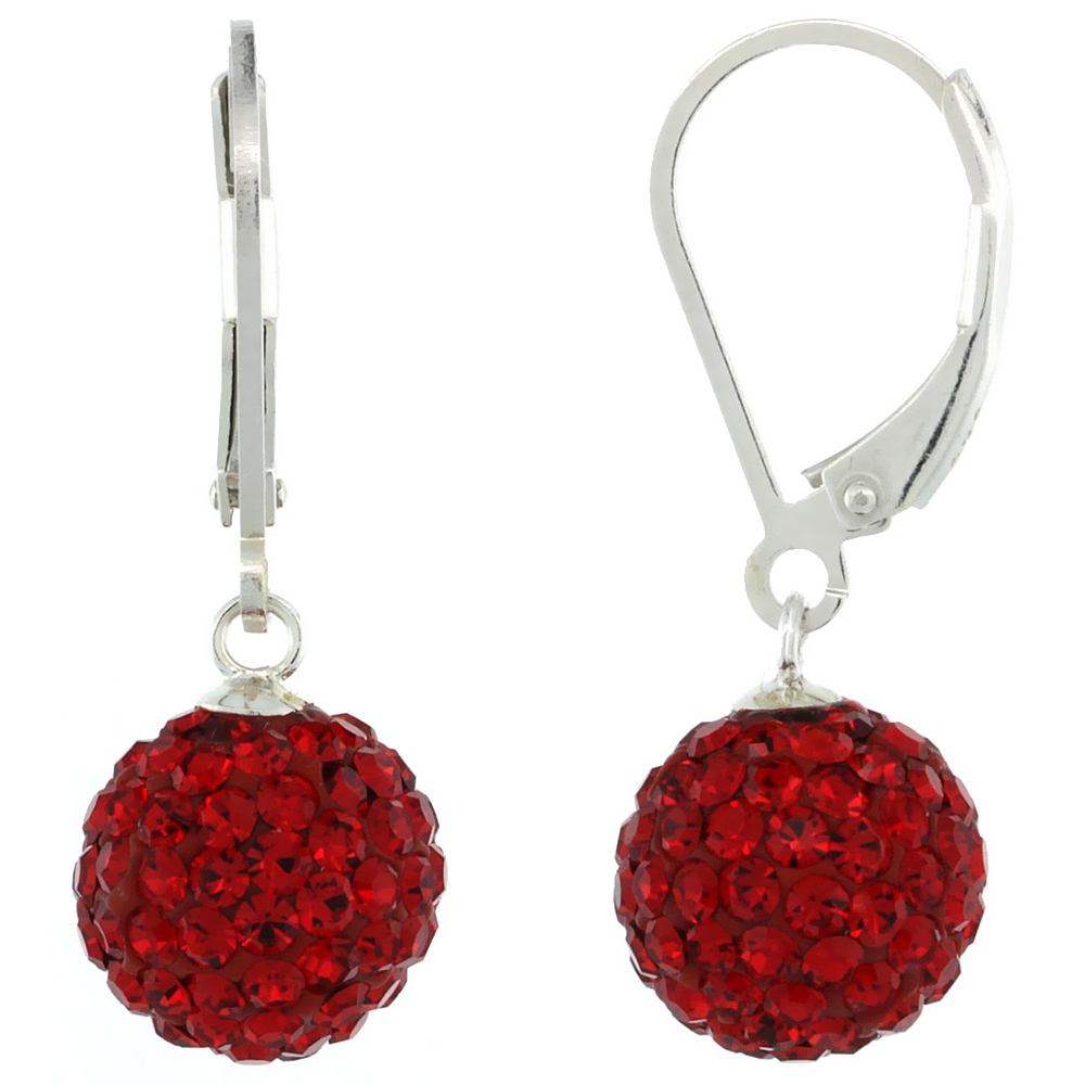 Sterling Silver 10mm Round Red Disco Crystal Ball Lever Back Earrings, 1 1/8 in. (28 mm) tall