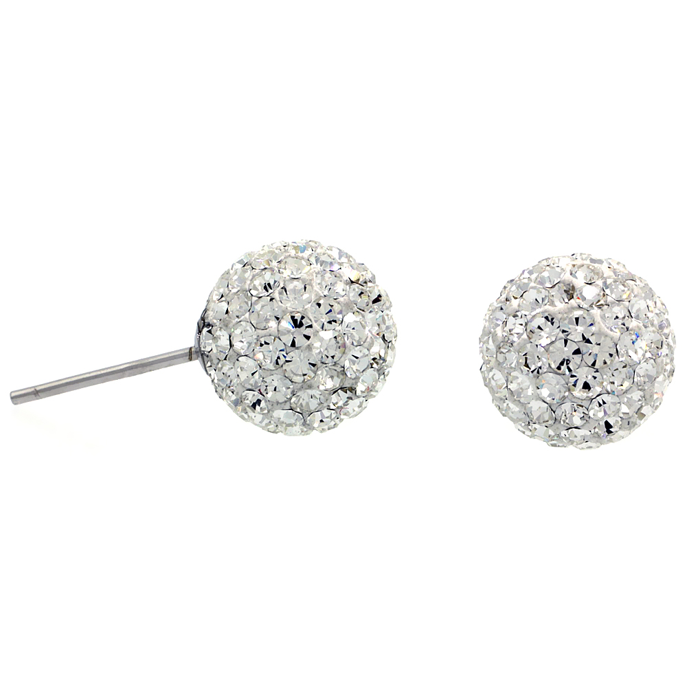 Sterling Silver 10mm Round White Disco Crystal Ball Stud Earrings