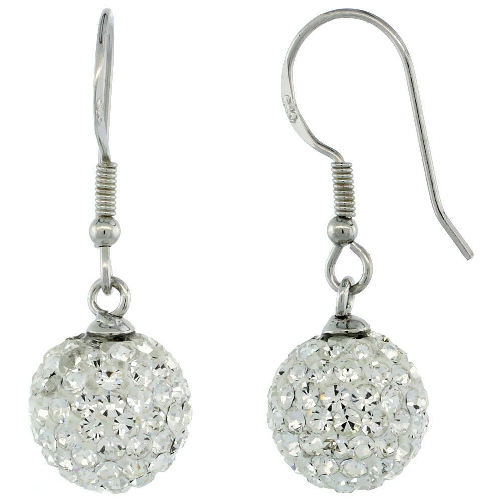Sterling Silver 10mm Round White Disco Crystal Ball Fish Hook Earrings, 1 1/4 in. (31 mm) tall