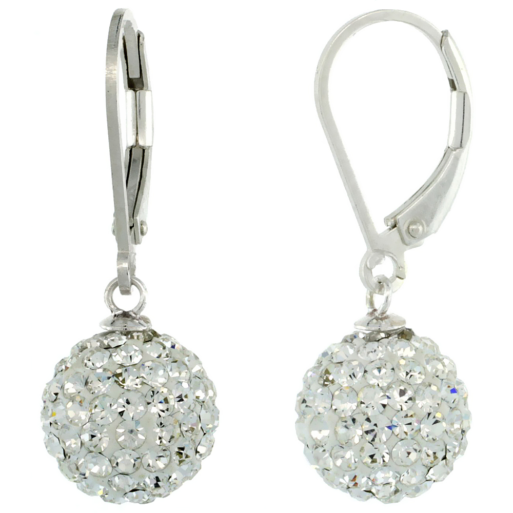Sterling Silver 10mm Round White Disco Crystal Ball Lever Back Earrings for Women April Birthstone, 1 1/8 in. (28 mm) tall