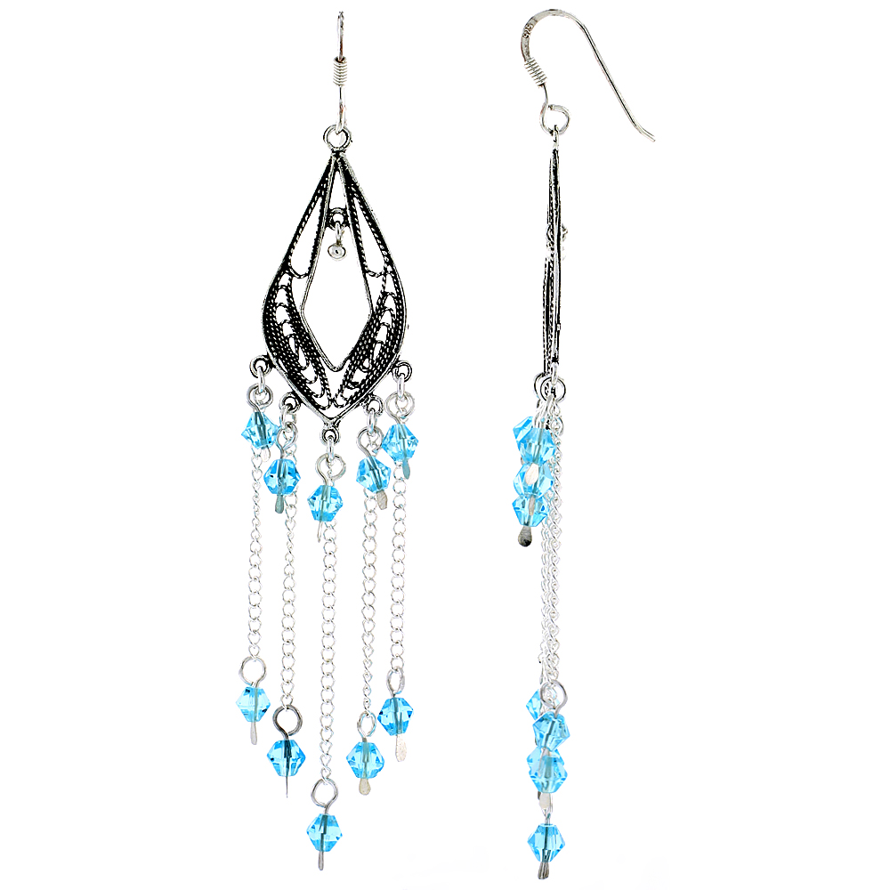 Sterling Silver Pear-shaped Dangle Chandelier Earrings w/ Aquamarine-colored Blue Crystals, 3 1/8" (79 mm) tall