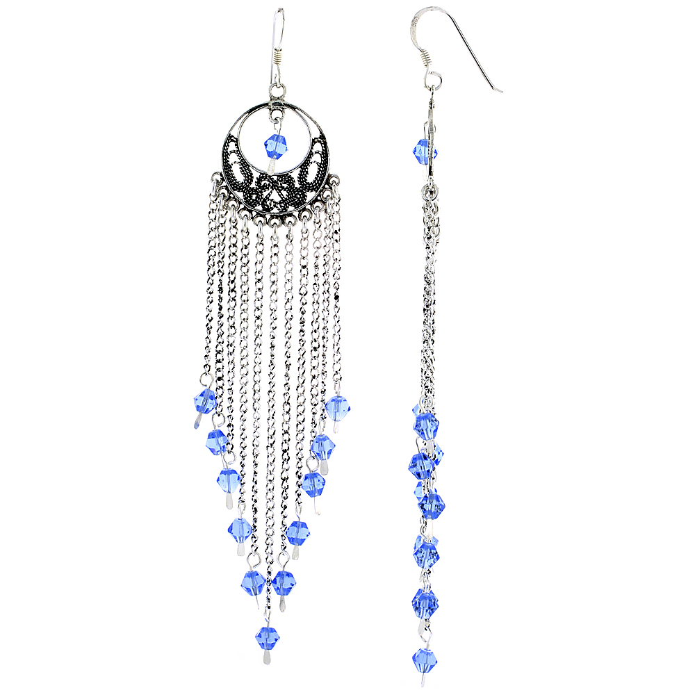 Sterling Silver Dangle Chandelier Earrings w/ Blue Topaz-colored Crystals, 3 13/16&quot; (97 mm) tall